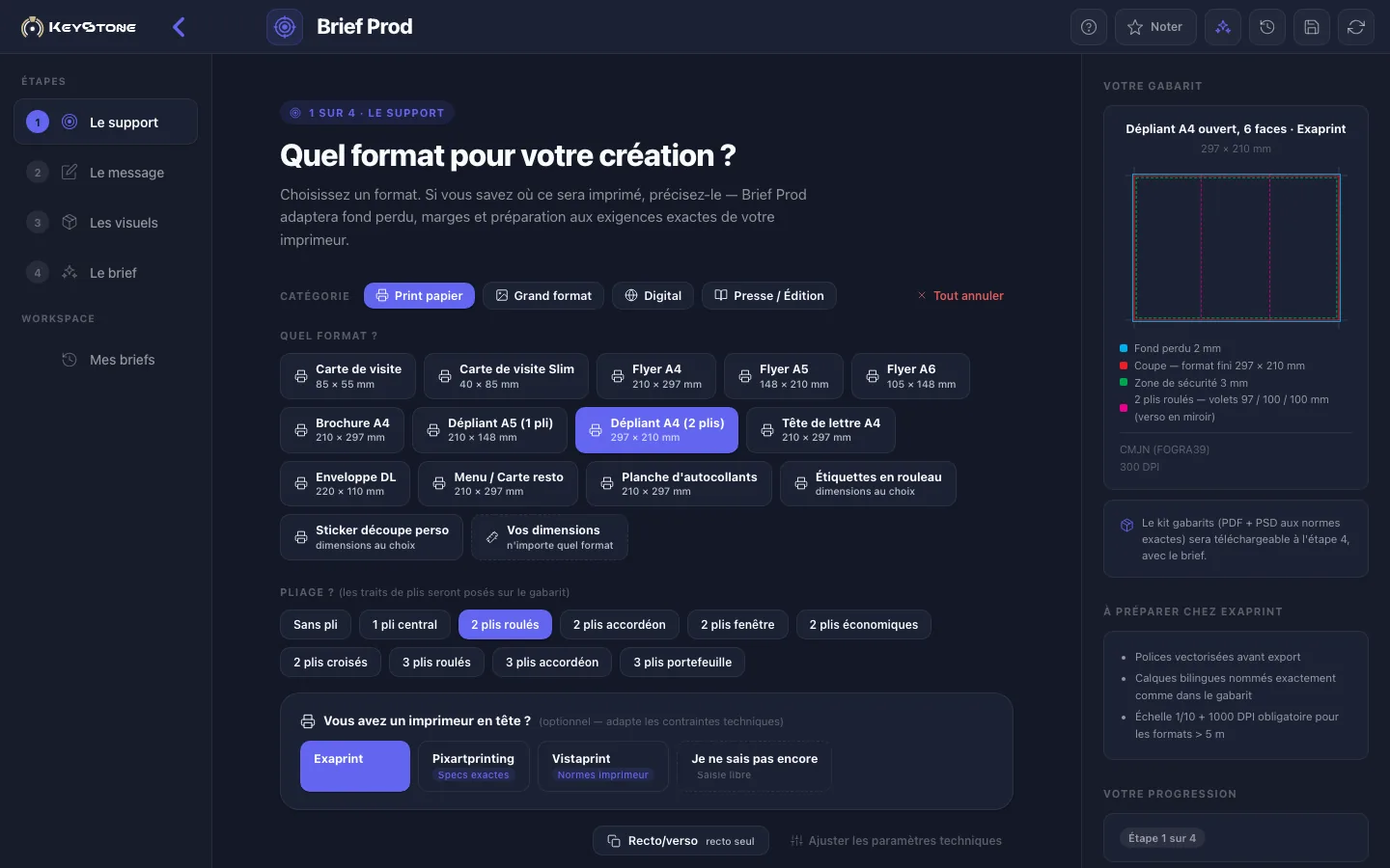 Brief Prod : choix du format et du pli avec schéma technique et panneau de réglages