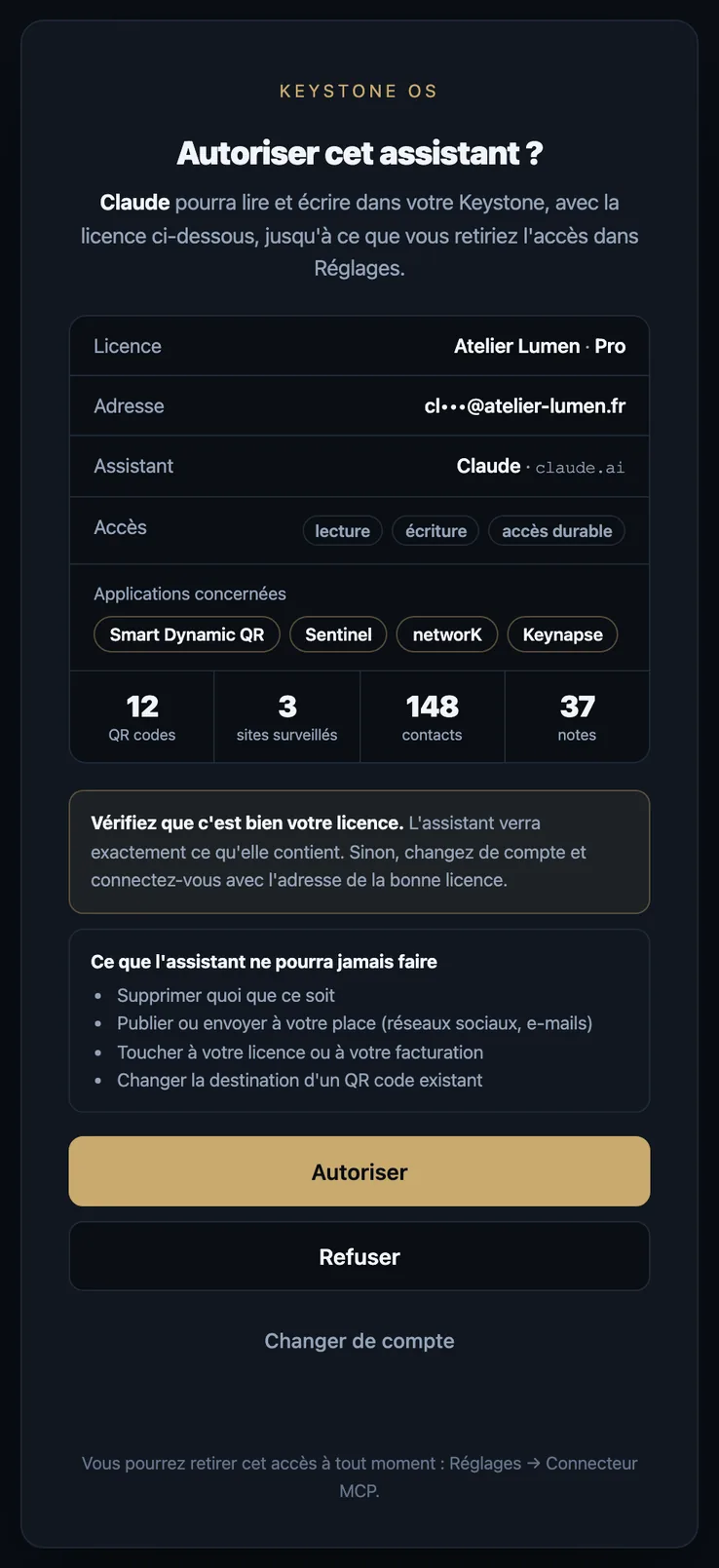 Écran d’autorisation Keystone : licence, adresse masquée, assistant, accès, applications concernées, volumes, et ce que l’assistant ne pourra jamais faire.