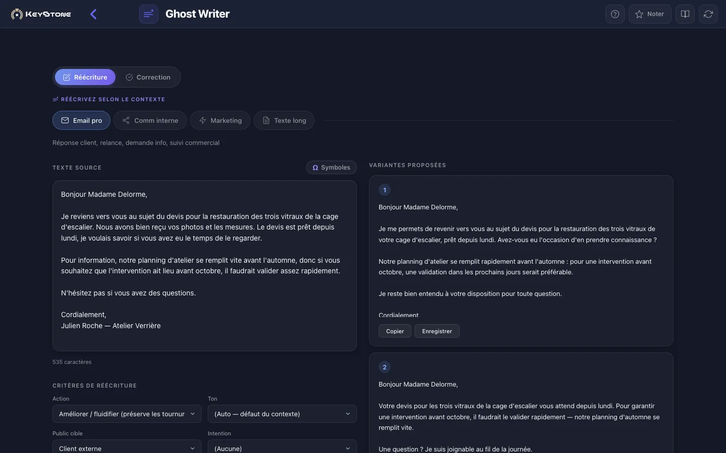 Ghost Writer : trois variantes réécrites d’un même texte, chacune dans un ton calibré