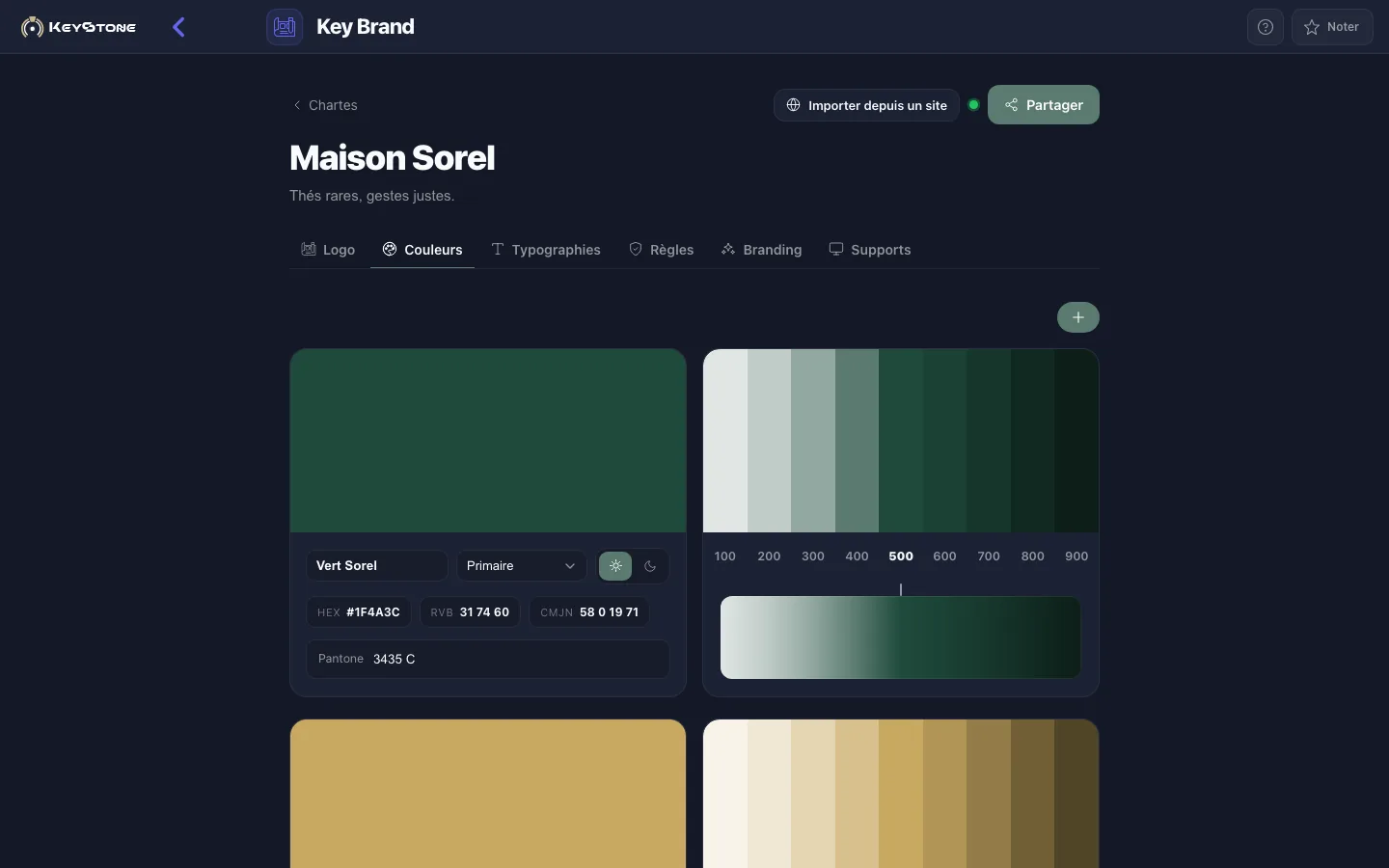 Une charte Key Brand : la palette de couleurs de la marque avec nuanciers et codes copiables
