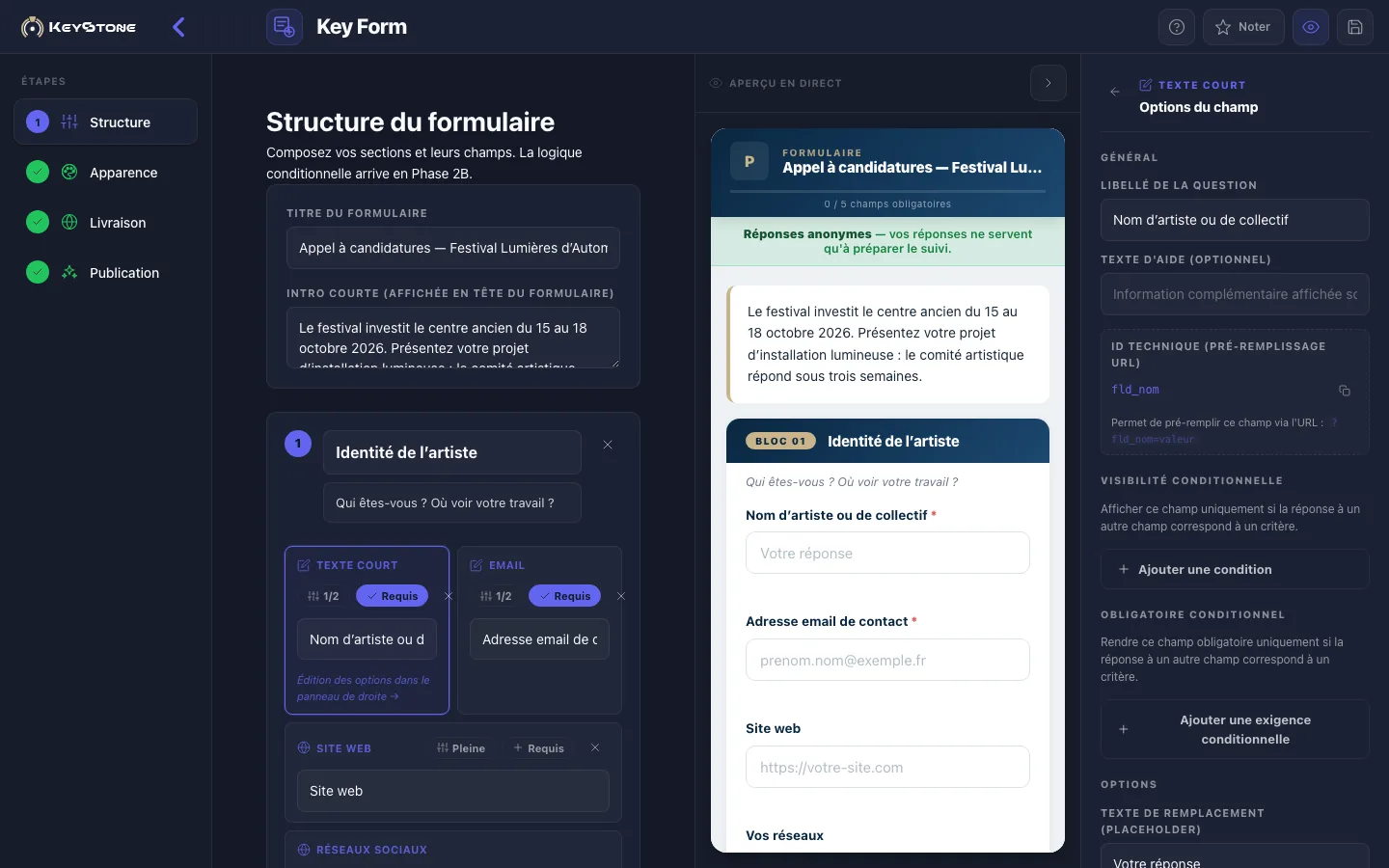 Key Form : la structure du formulaire à gauche et l’aperçu mobile qui se met à jour en direct