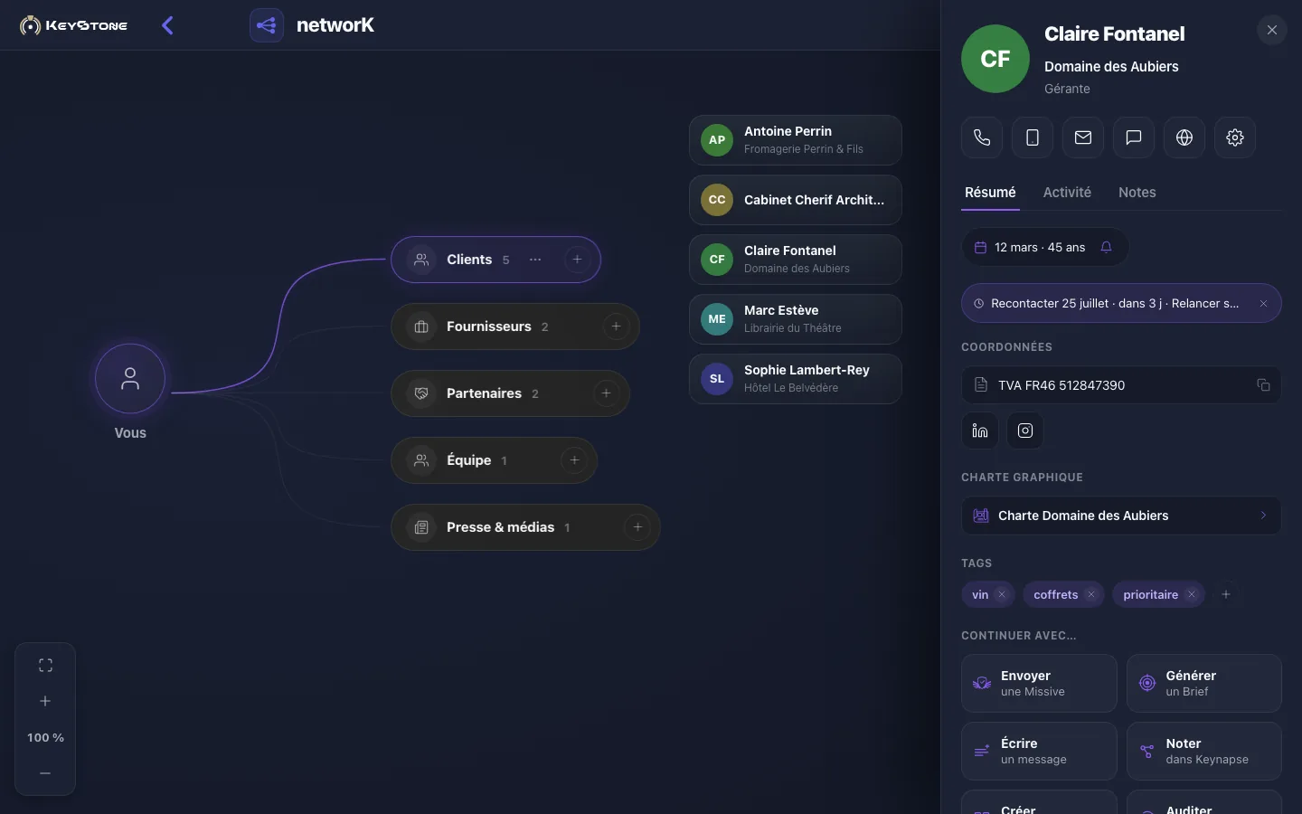 networK : la carte mentale des relations avec une fiche contact complète ouverte