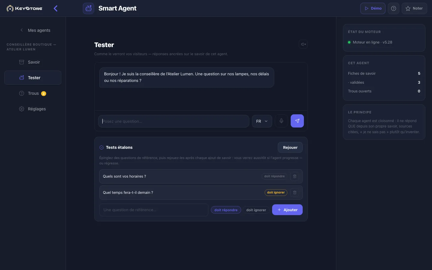 Le mode Tester de Smart Agent : conversation avec l’agent IA qui répond depuis le savoir validé