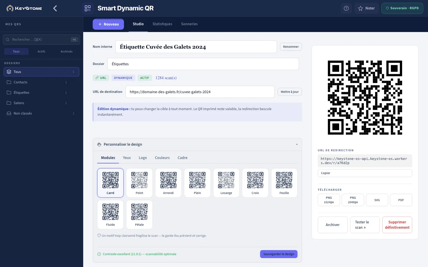 Le Studio de Smart Dynamic QR : destination modifiable, formes des modules et aperçu du QR avec ses exports
