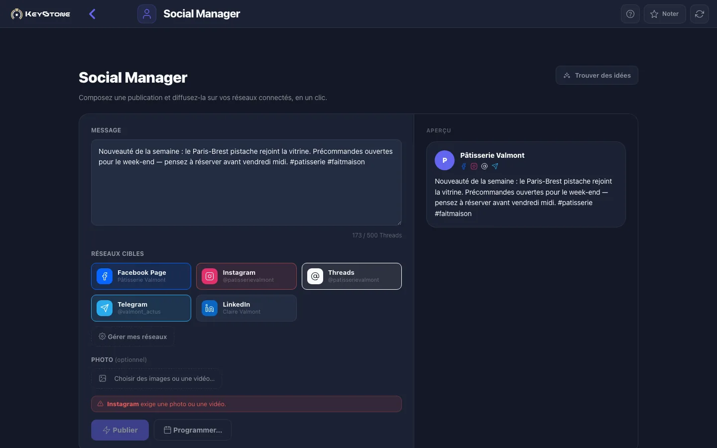 Le composeur de Social Manager : un texte rédigé une fois et les réseaux sociaux sélectionnés